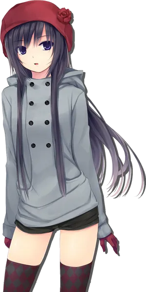 Anime Girlwith Long Purple Hairand Hat PNG Image