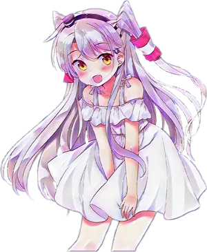 Anime Girlwith Silver Hairand Ribbon PNG Image