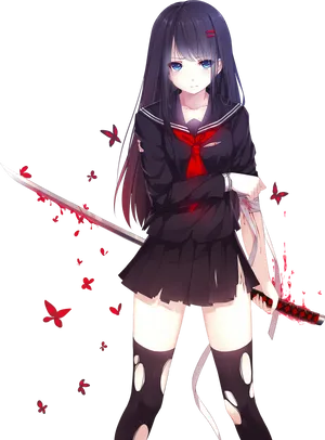 Anime Vampire Girlwith Swordand Butterflies PNG Image