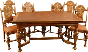 Antique Wooden Dining Setwith Carved Chairs PNG Image