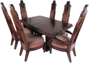 Antique Wooden Dining Setwith Carvings PNG Image