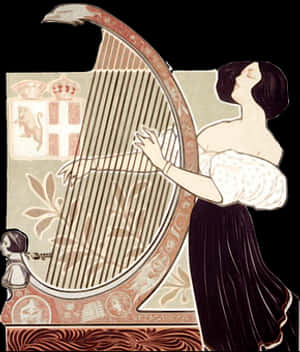 Art Nouveau Woman Playing Harp PNG image with transparent background