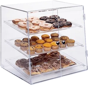 Assorted Bakery Itemsin Acrylic Display Case PNG Image