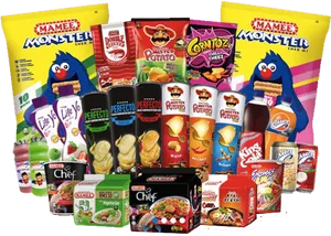 Assorted Snack Products Display PNG Image