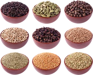 Assorted Spicesin Bowls PNG Image