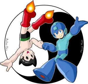 Astro Boyand Mega Man Friendly Gesture PNG Image