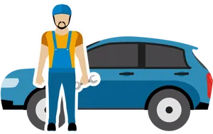 Auto Mechanic With Wrenchand Car PNG Image