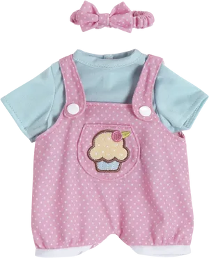 Baby Girl Pink Overallswith Cupcake Designand Hair Bow PNG Image