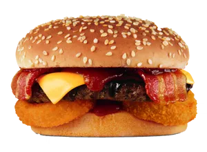 Bacon Cheeseburgerwith Onion Rings PNG Image