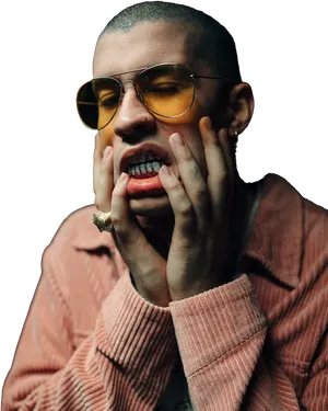 Bad Bunny Expressive Posewith Golden Grill PNG Image