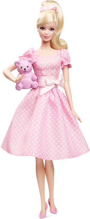 Barbie Dollin Pink Dresswith Teddy Bear PNG Image