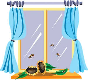 Bees Attractedto Sunflowers Window Scene PNG Image