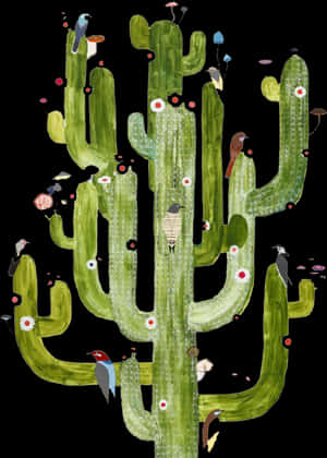 Birds Perchedon Saguaro Cactus Illustration PNG with transparent background