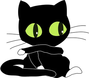 Black Cartoon Cat Green Eyes PNG Image