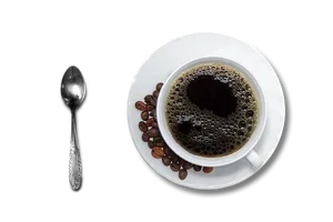 Black Coffee White Cup Beans Spoon.jpg PNG Image