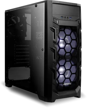 Black Gaming Computer Casewith Blue L E D Fans PNG Image