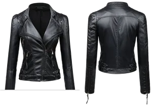 Black Leather Biker Jacket Front Back View PNG Image