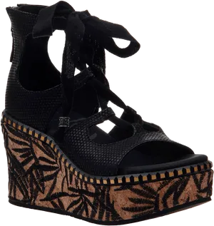 Black Wedge Sandalwith Ankle Ties PNG Image
