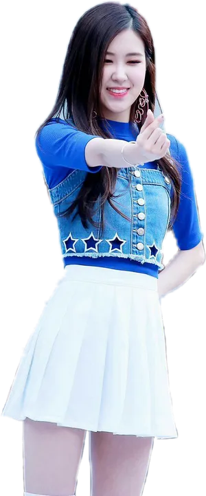 Blackpink Memberin Blue Denim Topand White Skirt PNG Image