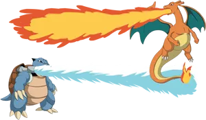 Blastoise Versus Charizard Battle PNG Image