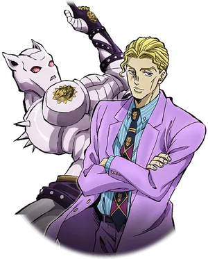 Blonde Anime Characterand Purple Stand PNG Image