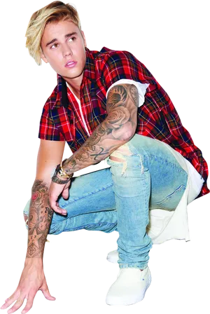 Blonde Haired Manin Plaid Shirtand Jeans PNG Image