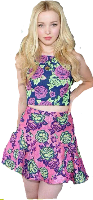 Blonde Woman Floral Outfit PNG Image