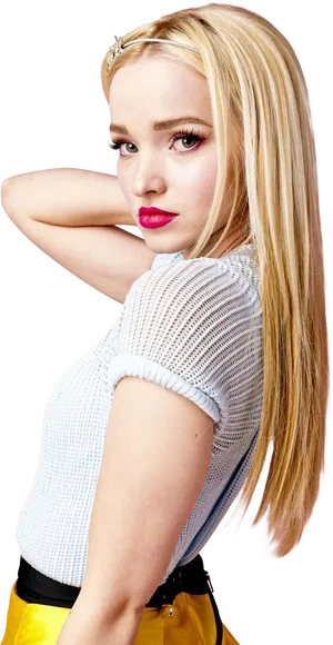 Blonde Woman White Top Yellow Skirt PNG Image