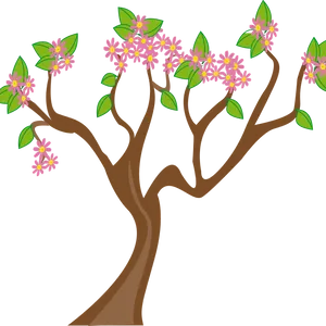 Blossoming Cartoon Treeon Blue Background PNG Image