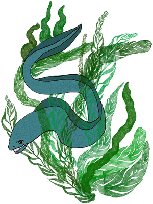 Blue Eel Among Seaweed Illustration PNG Image