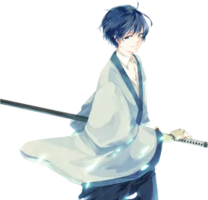 Blue Haired Anime Boy With Sword PNG Image