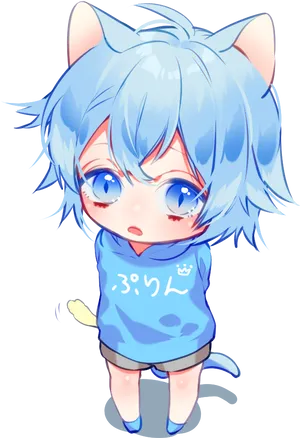 Blue Haired Anime Boywith Cat Ears PNG Image