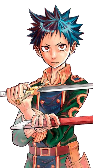 Blue Haired Anime Character With Sword PNG Image
