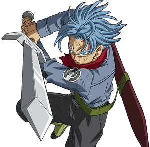 Blue Haired Anime Swordsman PNG Image