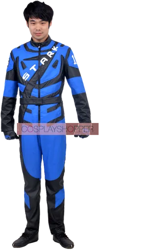 Blue Racing Suit Cosplay Man Standing PNG Image