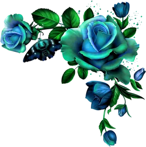 Blue Roseand Butterfly Artwork PNG Image