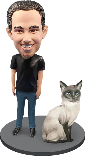 Bobblehead Manand Siamese Cat Figurines PNG Image