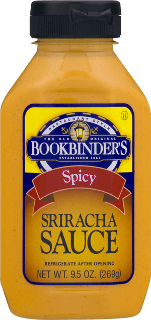 Bookbinders Spicy Sriracha Sauce Bottle PNG with transparent background