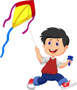 Boy Flying Kite Cartoon PNG Image