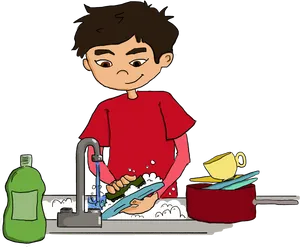 Boy Washing Dishes Cartoon PNG Image