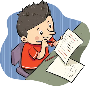 Boy Writing Homework Cartoon PNG Image