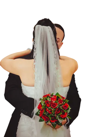 Brideand Groom Embracewith Bouquet PNG Image