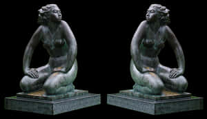Bronze Mermaid Statue Twin Views PNG image with transparent background