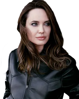 Brunette Womanin Black Leather Jacket PNG Image