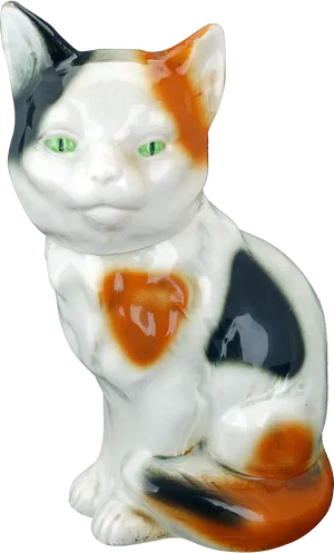 Calico Cat Figurine Green Eyes PNG Image