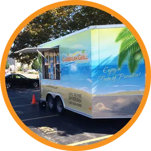 Caribbean Grill Food Truck Parked Outdoors PNG Image