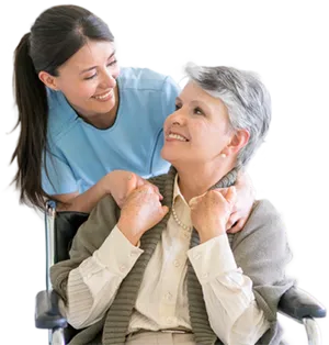 Caring Nurse Assisting Elderly Woman Wheelchair PNG Image