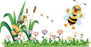 Cartoon Beesin Flower Garden PNG Image