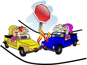 Cartoon Car Crashat Stop Sign PNG Image