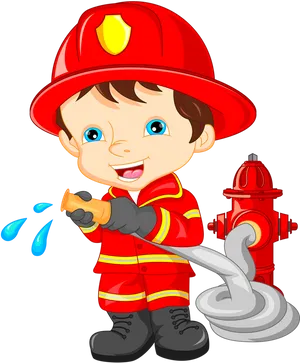 Cartoon Child Firefighter Holding Hose PNG Image